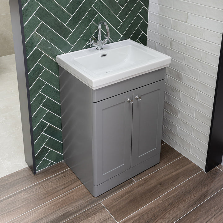 Nuie Classique 600mm Traditional Floor Standing Vanity Unit &amp; Ceramic Basin - Satin Grey