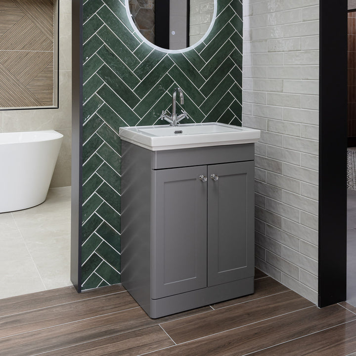 Nuie Classique 600mm Traditional Floor Standing Vanity Unit &amp; Ceramic Basin - Satin Grey
