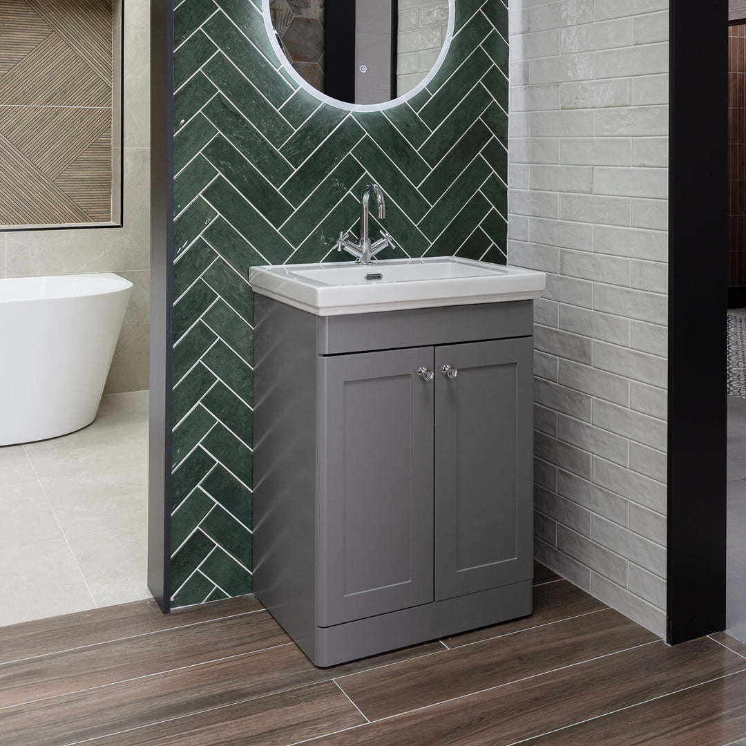 Nuie Classique 600mm Traditional Floor Standing Vanity Unit & Ceramic Basin - Satin Grey