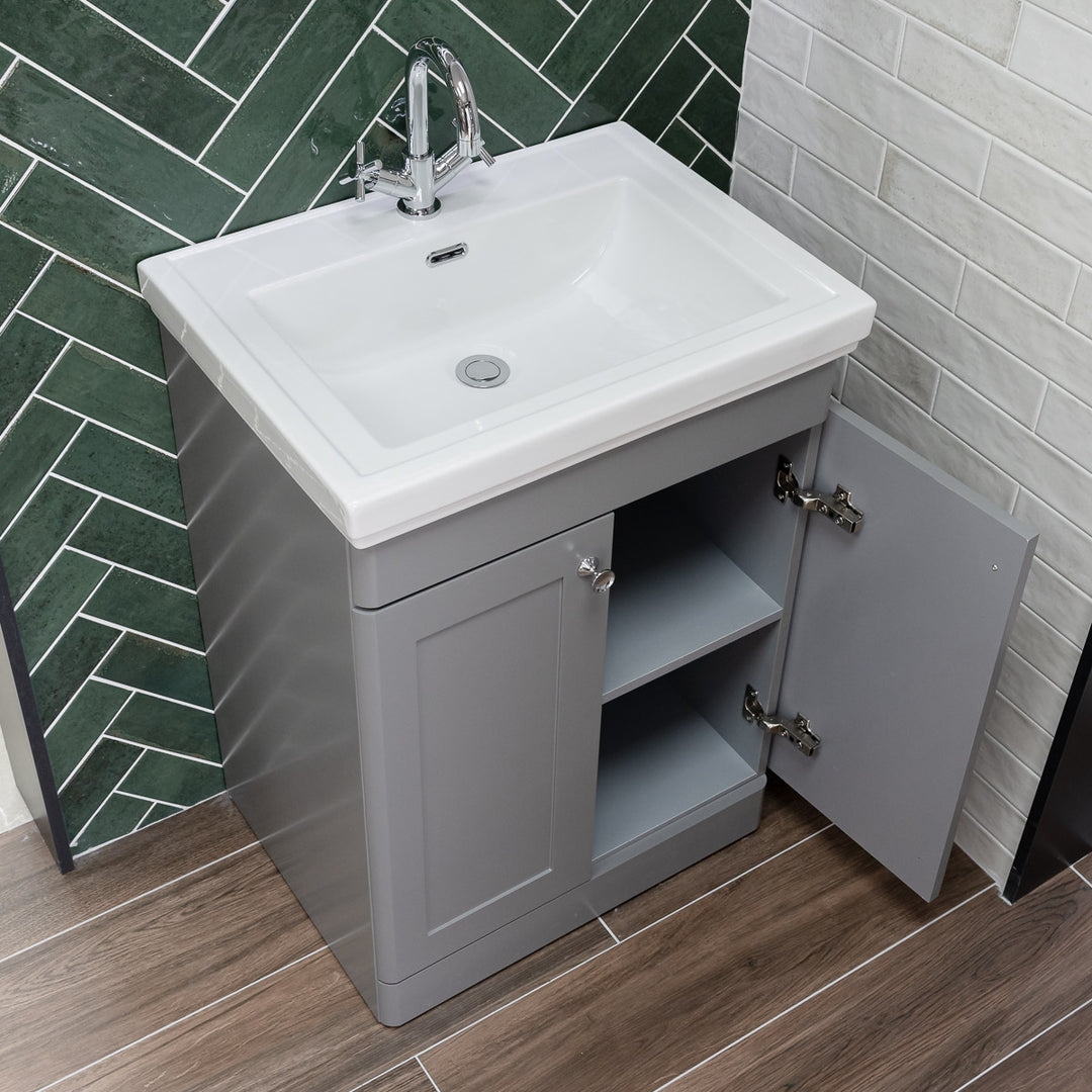 Nuie Classique 600mm Traditional Floor Standing Vanity Unit &amp; Ceramic Basin - Satin Grey