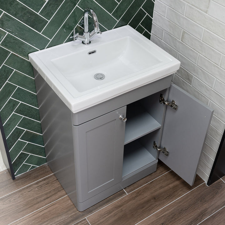 Nuie Classique 600mm Traditional Floor Standing Vanity Unit &amp; Ceramic Basin - Satin Grey