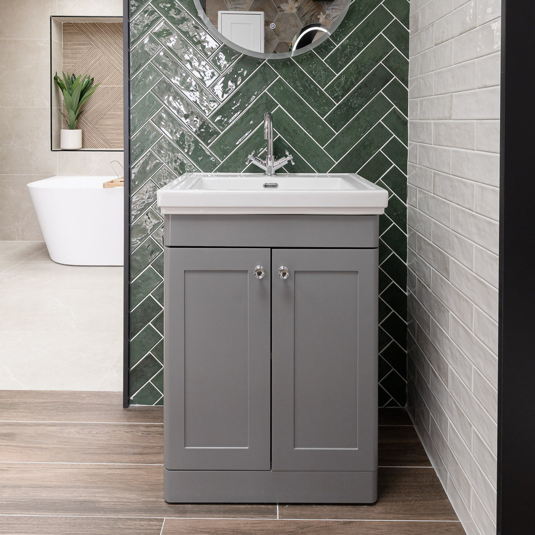 Nuie Classique 600mm Traditional Floor Standing Vanity Unit &amp; Ceramic Basin - Satin Grey