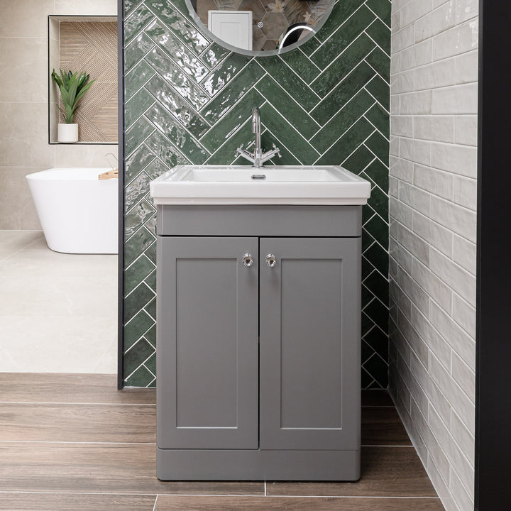 Nuie Classique 600mm Traditional Floor Standing Vanity Unit &amp; Ceramic Basin - Satin Grey