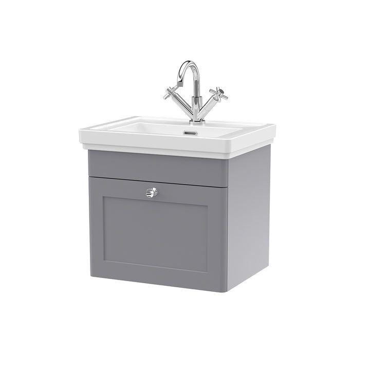 Nuie Classique 500mm Traditional 1 Drawer Wall Hung Vanity Unit &amp; Ceramic Basin - Satin Grey