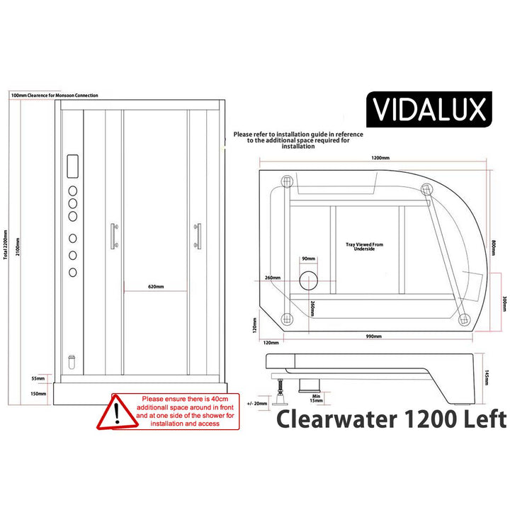 Vidalux Clearwater 1200mm Steam Shower Enclosure Left Hand - Mirror
