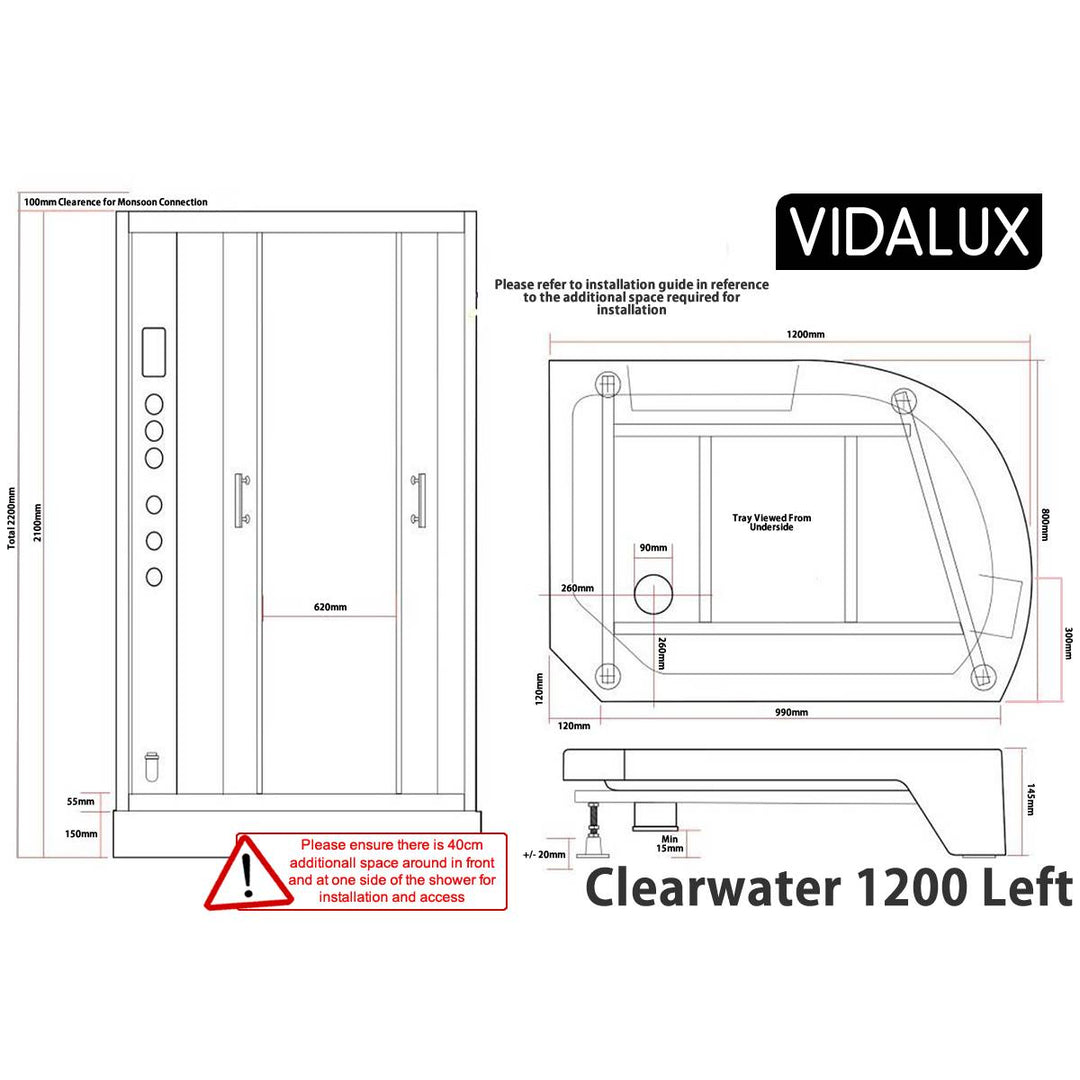 Vidalux Clearwater 1200mm Steam Shower Enclosure Left Hand - Black
