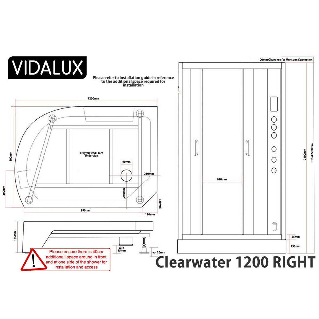 Vidalux Clearwater 1200mm Steam Shower Enclosure Right Hand - White