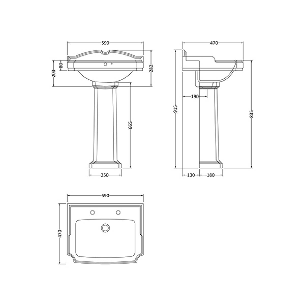 Legend Traditional 2 Tap Hole Basin & Full Pedestal - Technical drawing