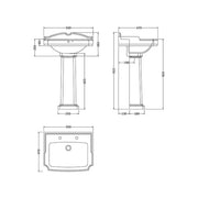 Legend Traditional 2 Tap Hole Basin & Full Pedestal - Technical drawing
