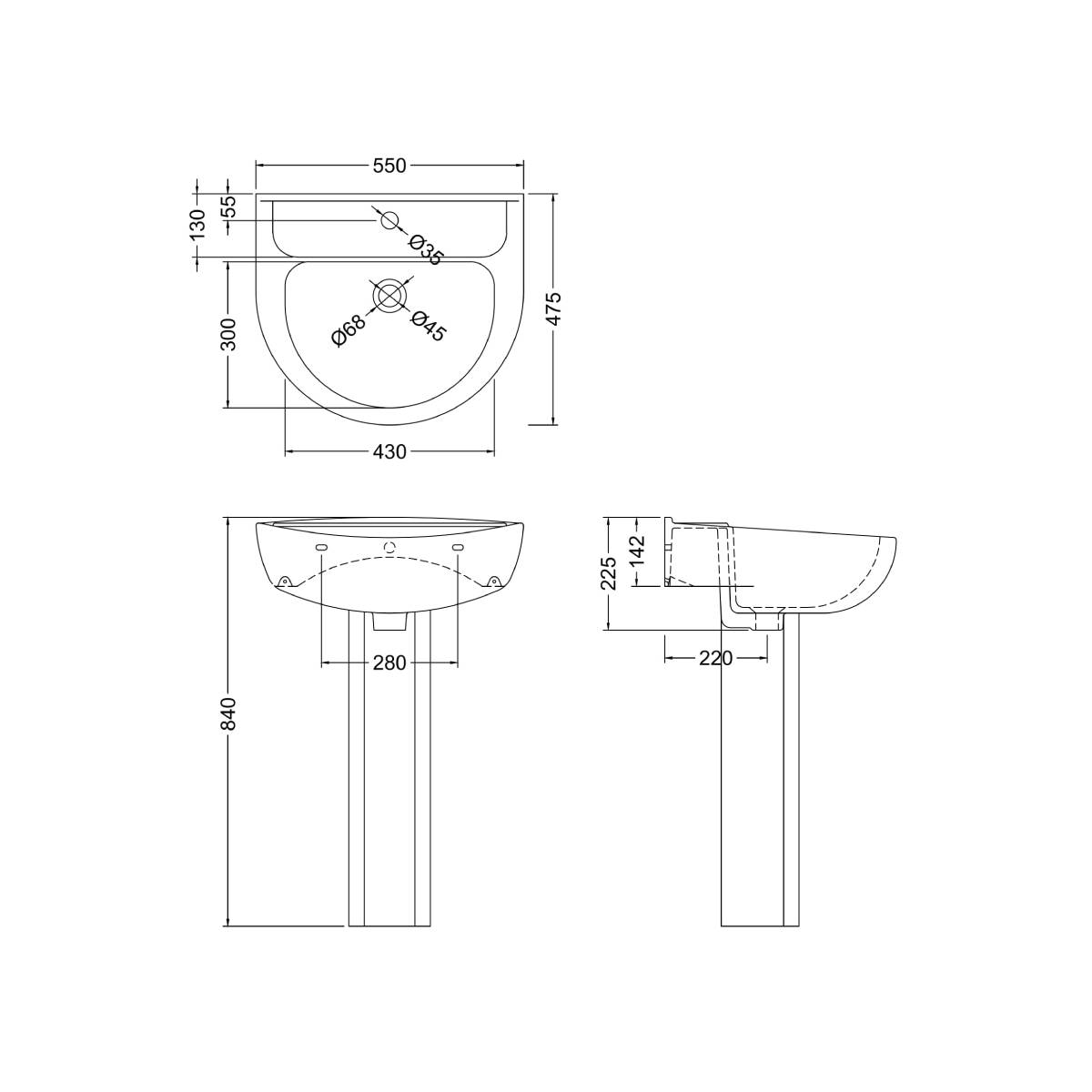 Melbourne Large Basin & Full Pedestal - Technical drawing
