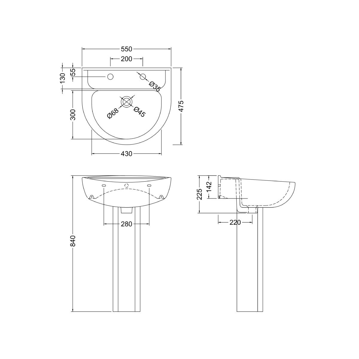 Melbourne Large 2 Taphole Basin & Full Pedestal - Technical drawing