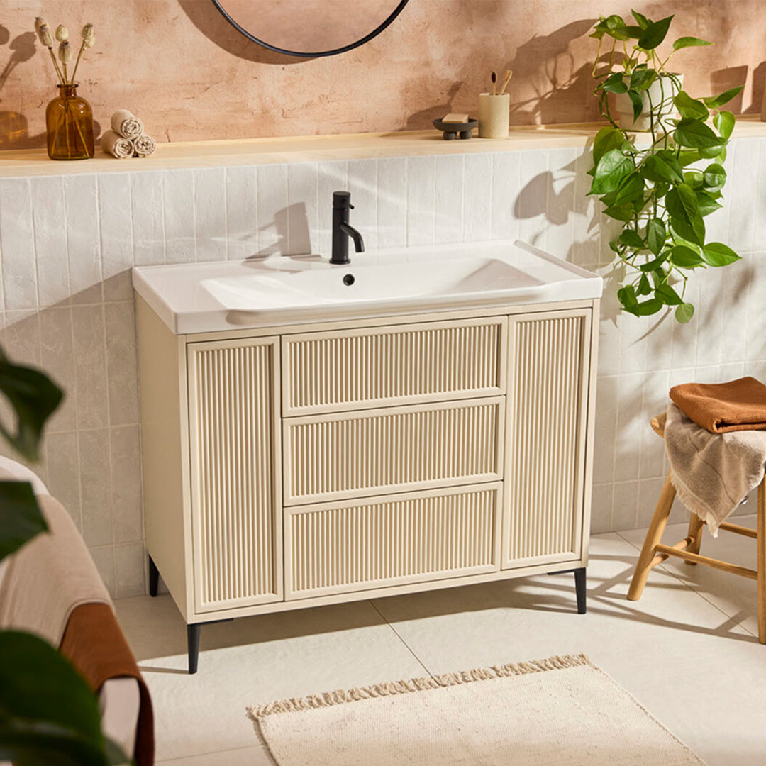 Coën 1000mm 3 Drawer, 2 Door Floor Standing Fluted Vanity Unit &amp; Basin - Stone