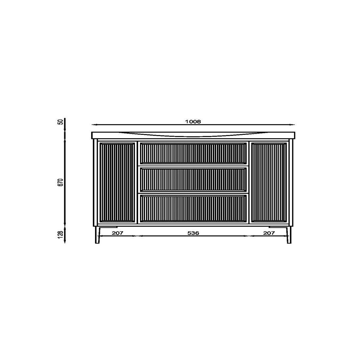 Coën 1000mm 3 Drawer, 2 Door Floor Standing Fluted Vanity Unit & Basin - Stone - Technical drawing