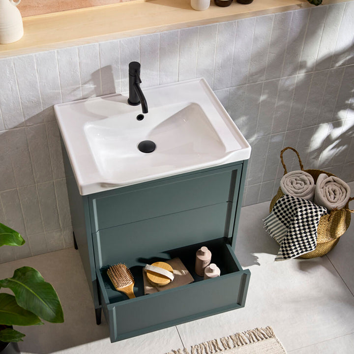 Coën 500mm 3 Drawer Floor Standing Vanity Unit &amp; Basin - Parisian Green