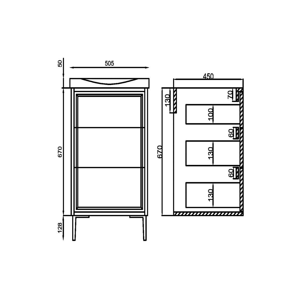 Coën 500mm 3 Drawer Floor Standing Vanity Unit & Basin - Parisian Green - Technical drawing