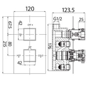 Twin Thermostatic Square Handle Concealed Valve with Diverter - Technical drawing