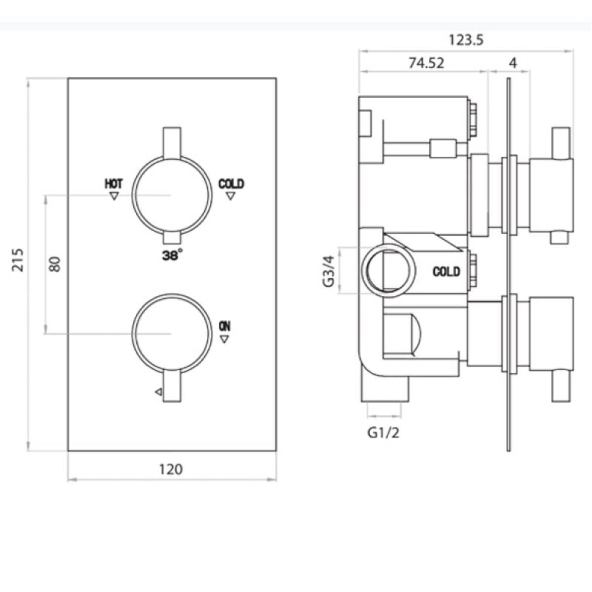 Round Twin Thermostatic Concealed Mixer Shower Kit with Ceiling Mounted 300mm Shower Head & Handset - Technical drawing