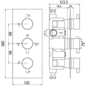 Triple Thermostatic Round Handle Concealed Valve - Technical drawing