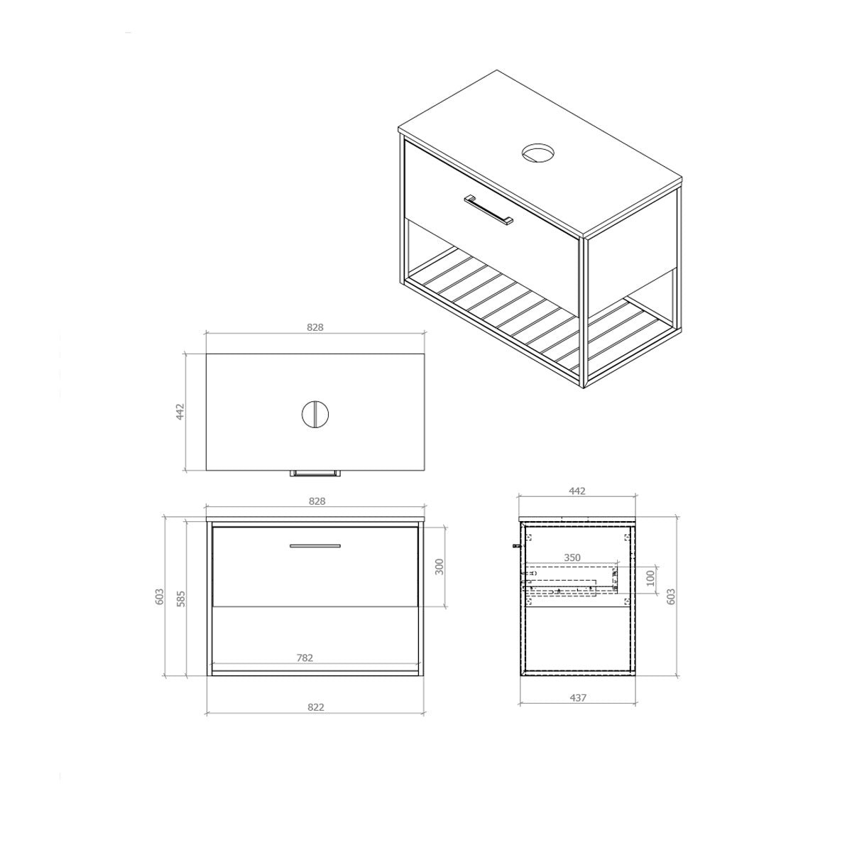 Croft 850mm Wall Hung Unit with Countertop - Technical drawing