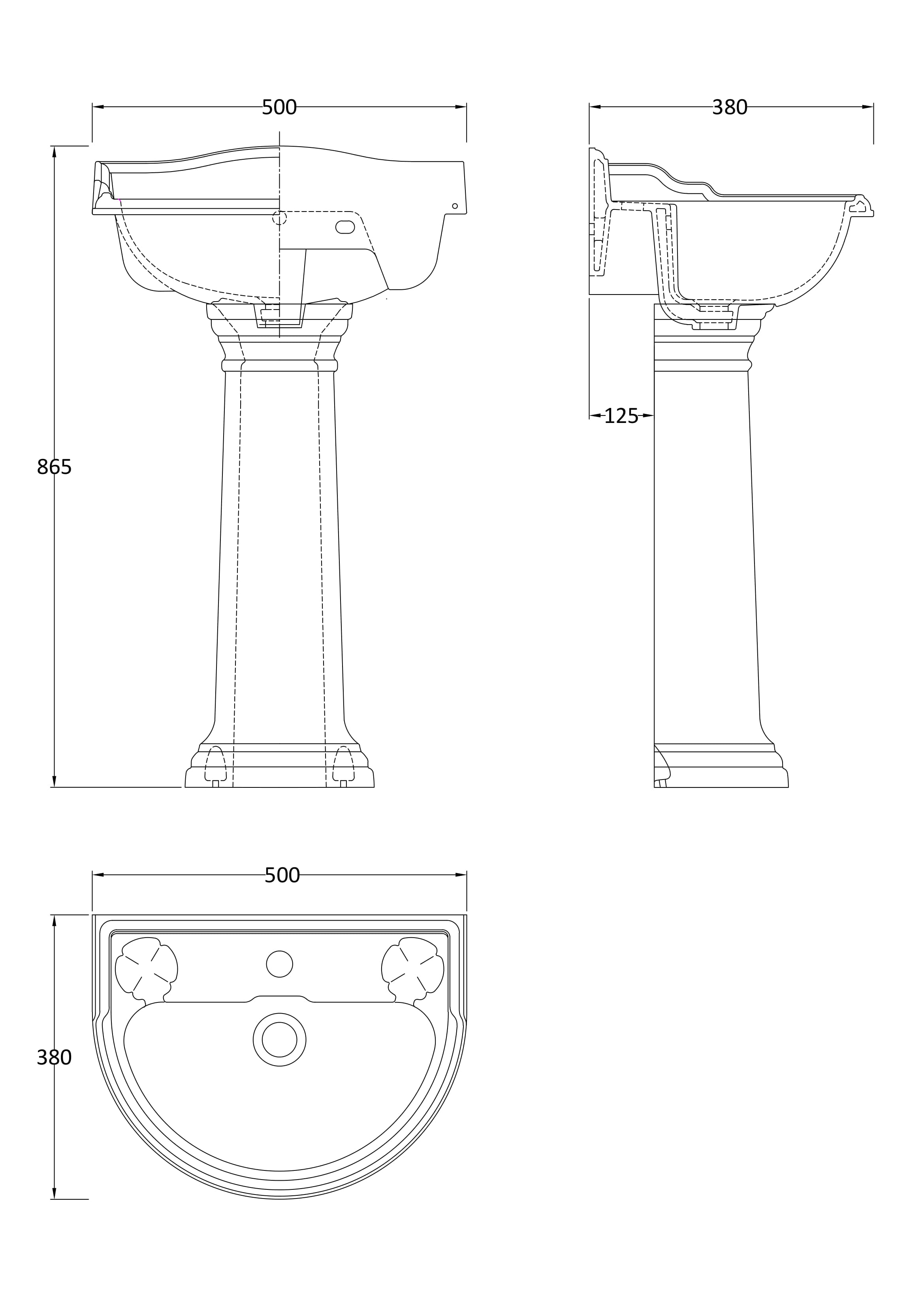 Hudson Reed Chancery 500mm Traditional Round Basin & Pedestal - 1 Tap Hole - Technical drawing