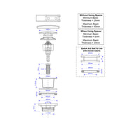 McAlpine 1¼" x 60mm Polished Stainless Steel Flange,Spring Loaded Mushroom Plug Multi Function Basin Waste - Matt Black - Technical drawing