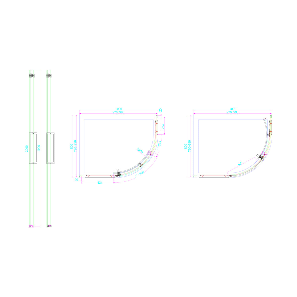 Dawn Artemis 1000 x 800mm Single Door Offset Quadrant Shower Enclosure - Right Hand - Technical drawing