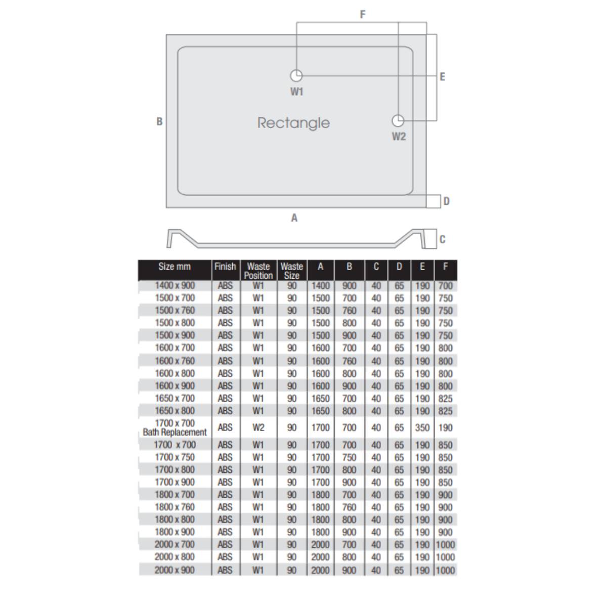 Elements 1650 x 800mm Rectangle Slim Line Shower Tray - Technical drawing