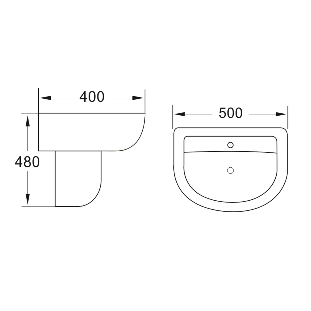 Deia/Belini 500mm Basin & Semi Pedestal - Technical drawing
