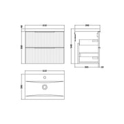 Hudson Reed Fluted 600mm Wall Hung 2 Drawer Vanity Unit & Basin - Satin Anthracite - Technical drawing