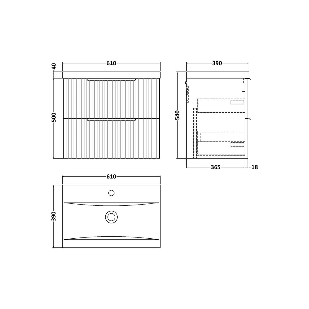 Hudson Reed Fluted 600mm Wall Hung 2 Drawer Vanity Unit &amp; Basin - Satin Anthracite