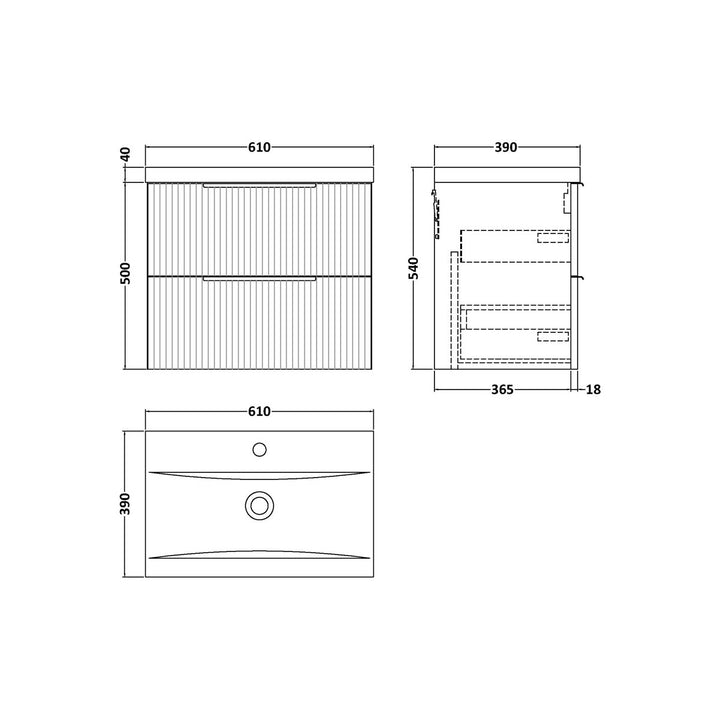 Hudson Reed Fluted 600mm Wall Hung 2 Drawer Vanity Unit &amp; Basin - Satin Green