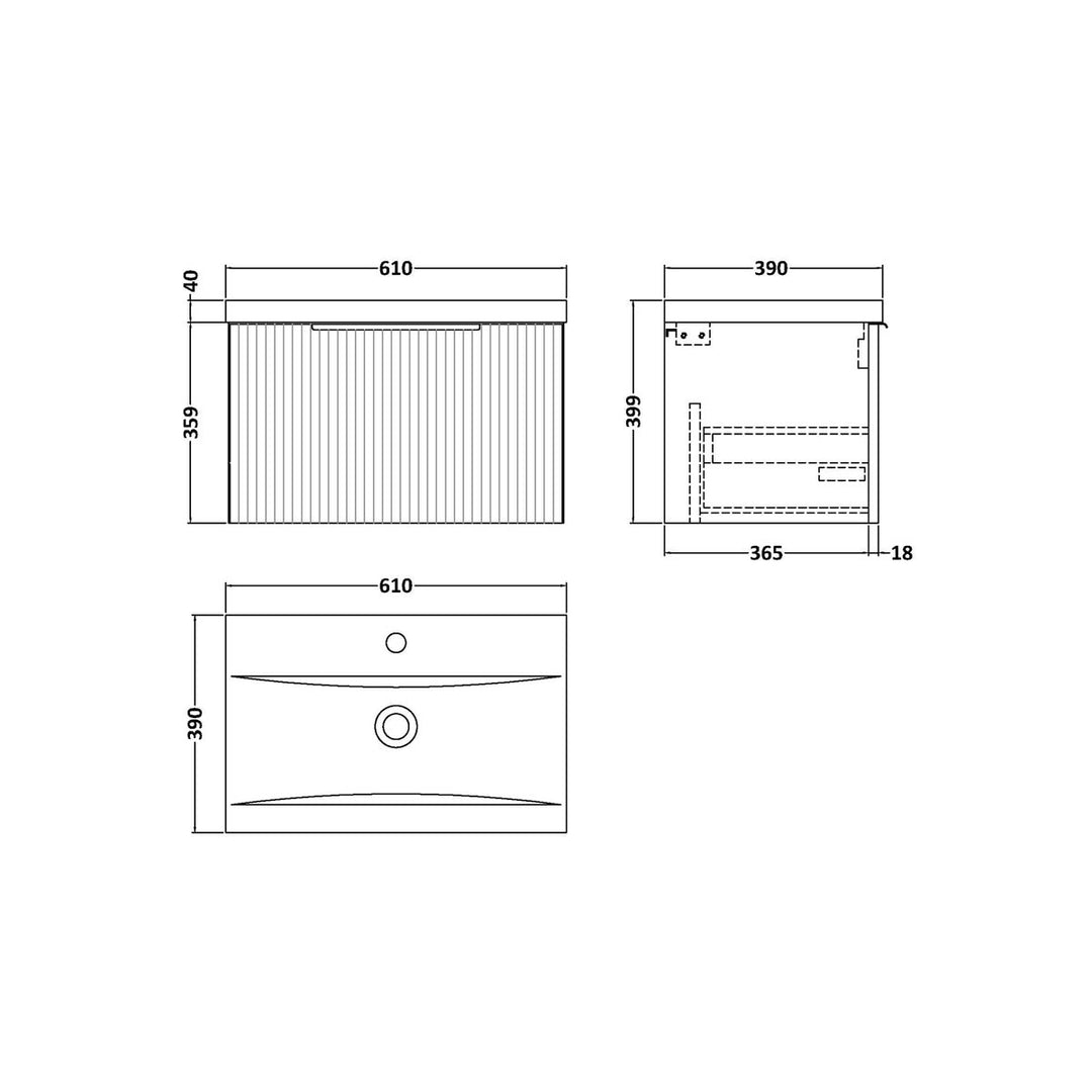 Hudson Reed Fluted 600mm Wall Hung Single Drawer Vanity Unit &amp; Basin - Satin Green