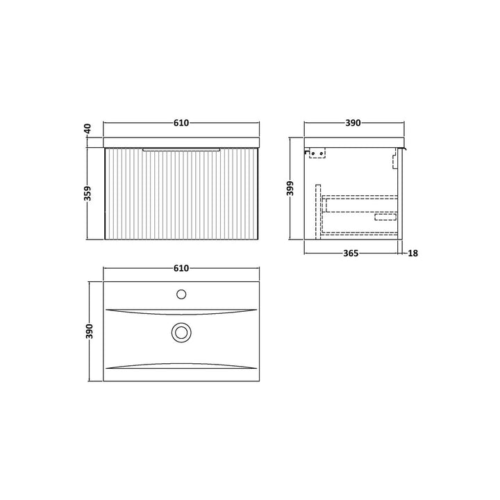 Hudson Reed Fluted 600mm Wall Hung Single Drawer Vanity Unit &amp; Basin - Satin Green