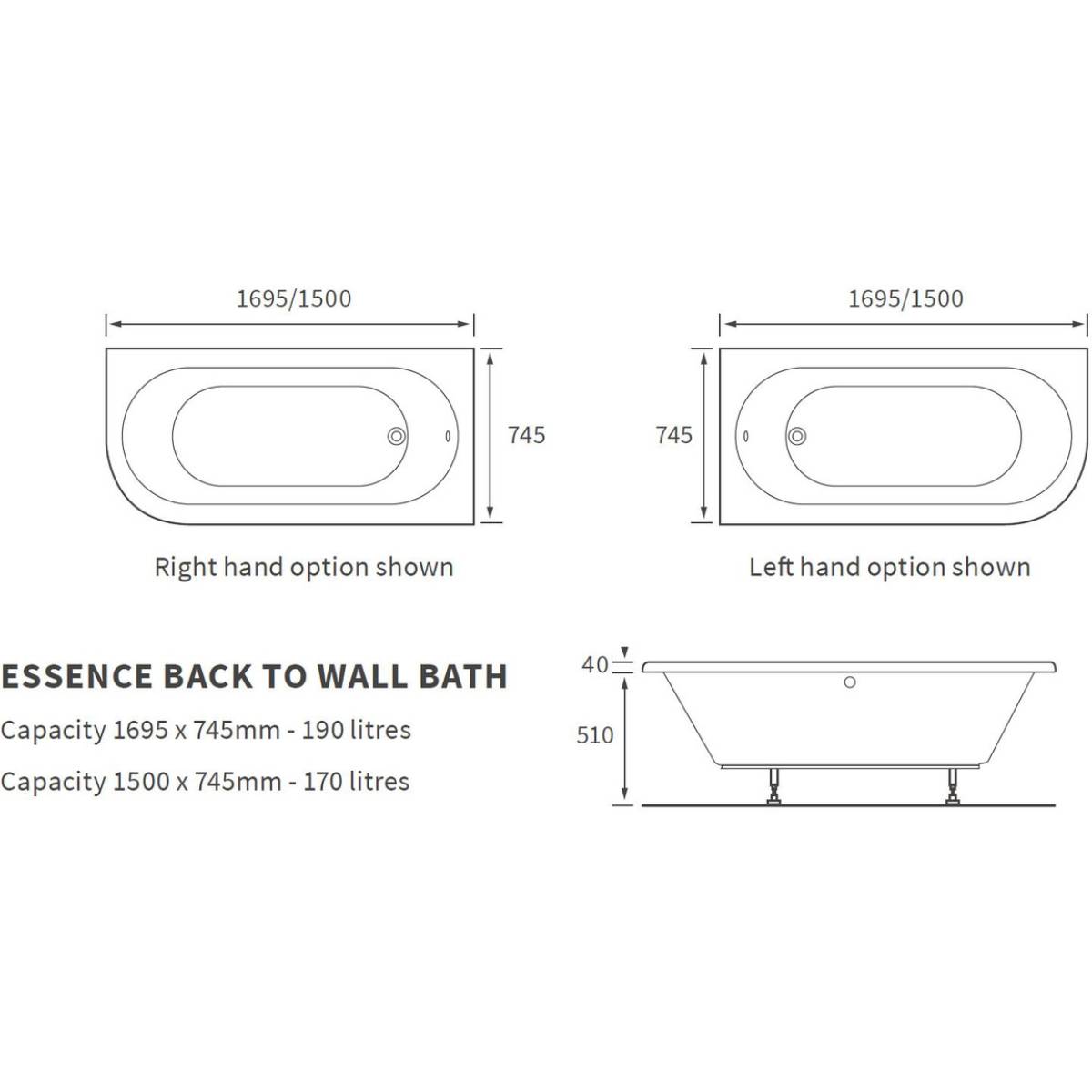 Bathrooms to Love Essence 1700mm Back to Wall Bath - Left Hand - Technical drawing