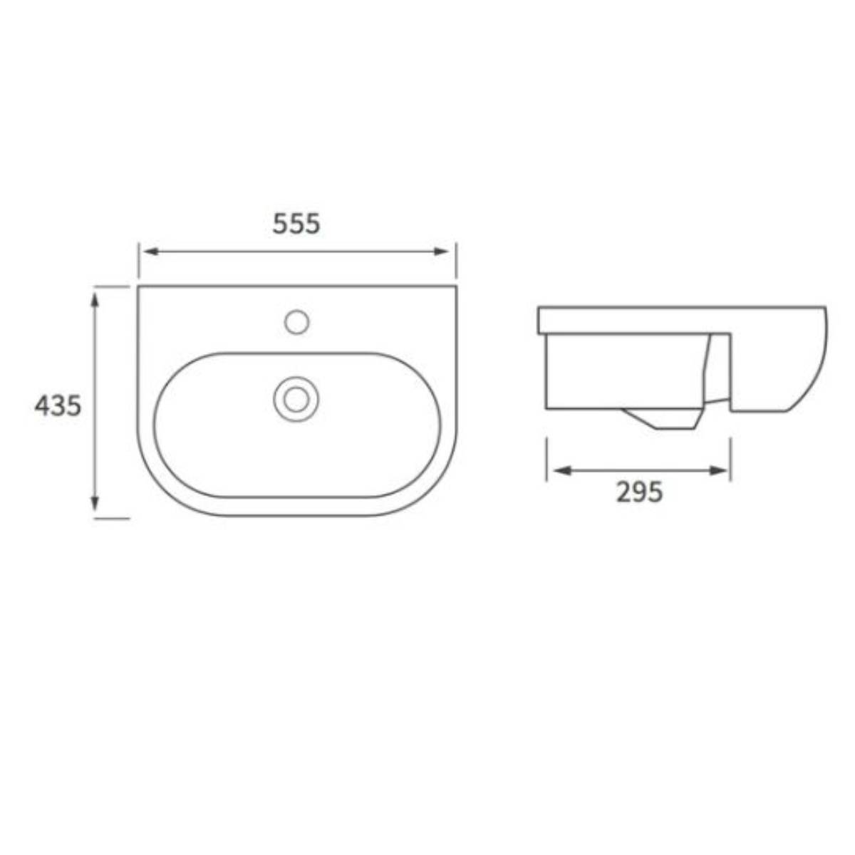 Ari Design Budapest 555x435mm 1 Tap Hole Semi Recessed Basin - Technical drawing
