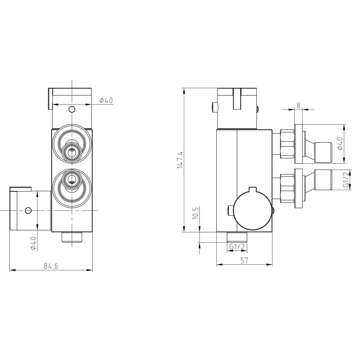 Eliseo Ricci Thermostatic Vertical Valve for Douche - Brushed Bronze - Technical drawing