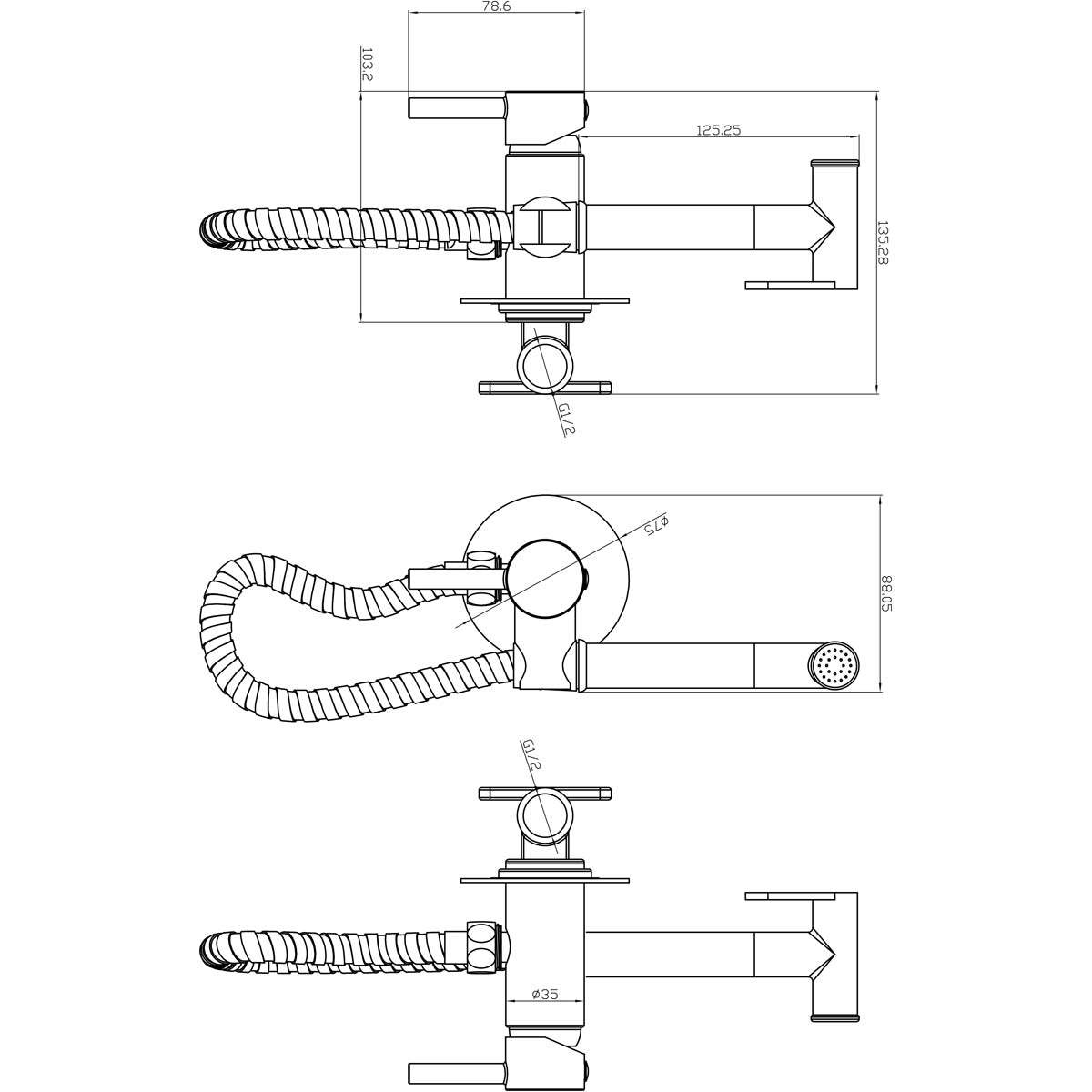 Eliseo Ricci Integrated Douche Valve, Handset, Flexi Hose and Outlet Elbow - Brushed Brass - Technical drawing
