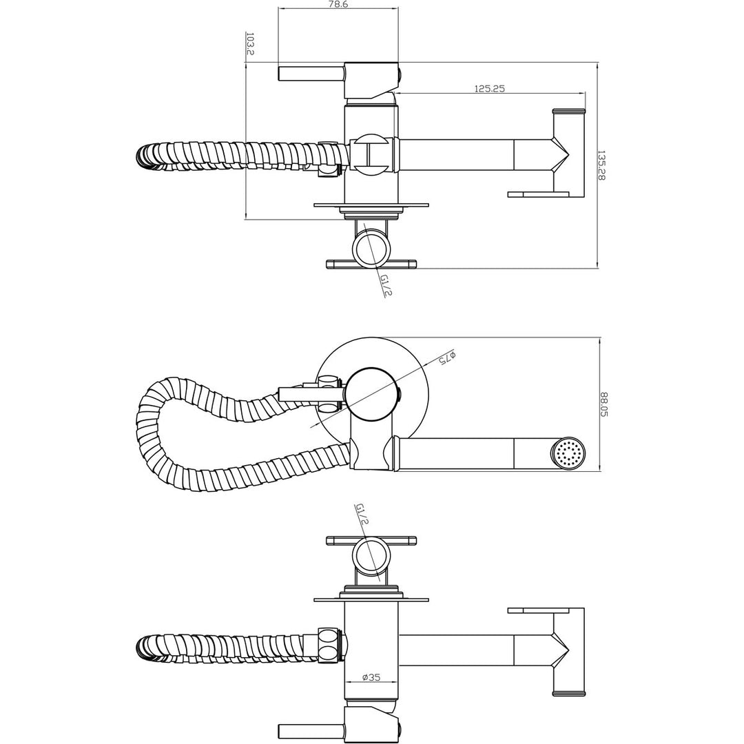 Eliseo Ricci Integrated Douche Valve, Handset, Flexi Hose and Outlet Elbow - Brushed Bronze
