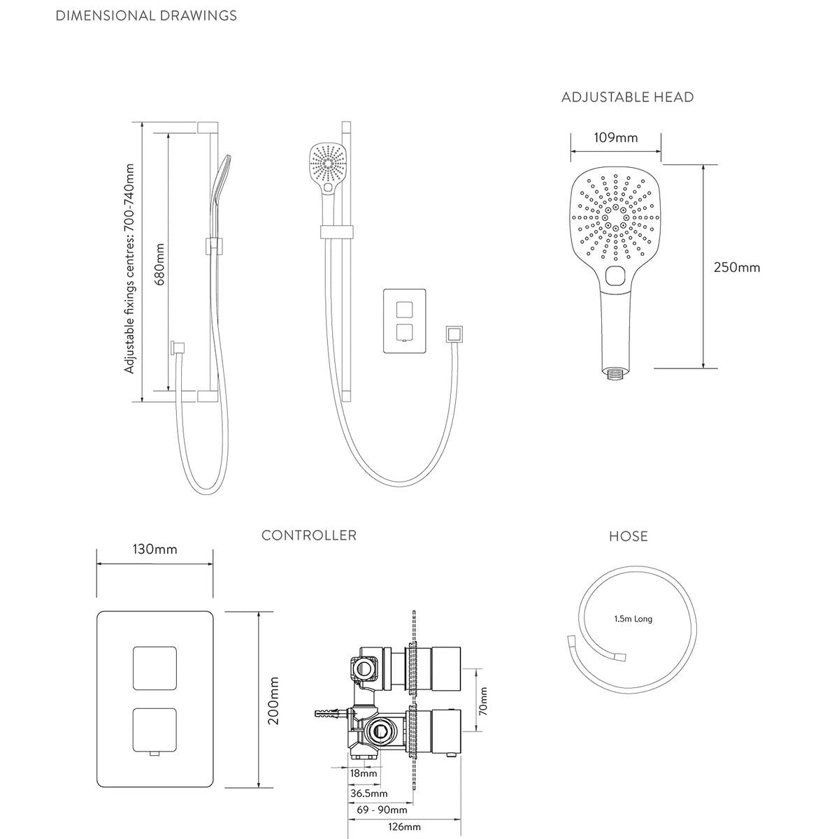 Aqualisa Dream Concealed Thermostatic Mixer Single Outlet With Adj Kit - Square - Technical drawing