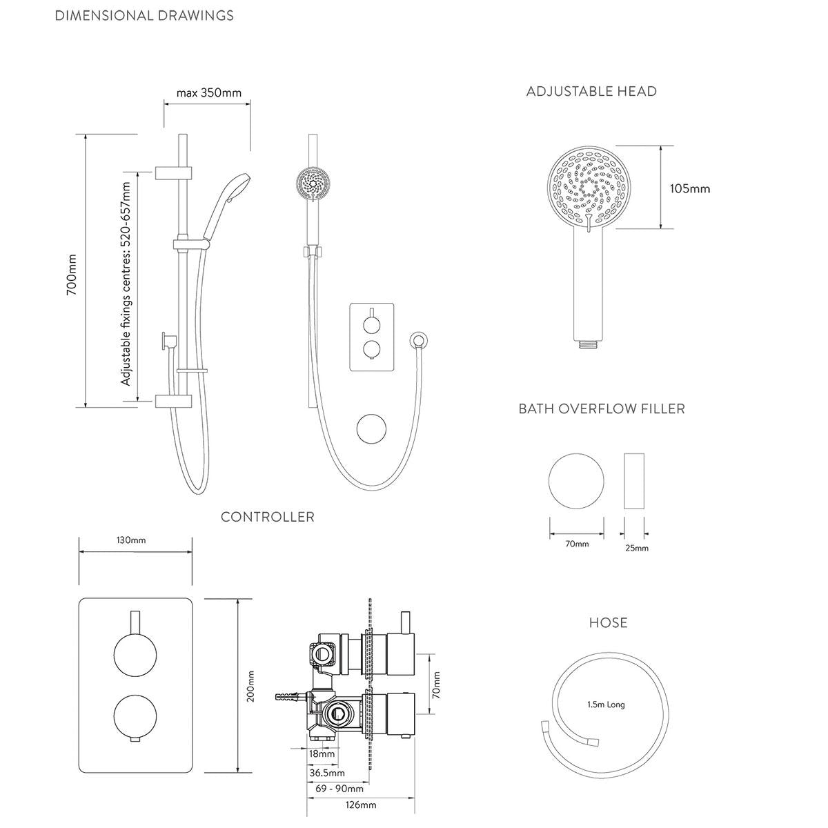 Aqualisa Dream Concealed Thermostatic Mixer Dual Outlet With Adj Kit & Bath Fill - Round - Technical drawing