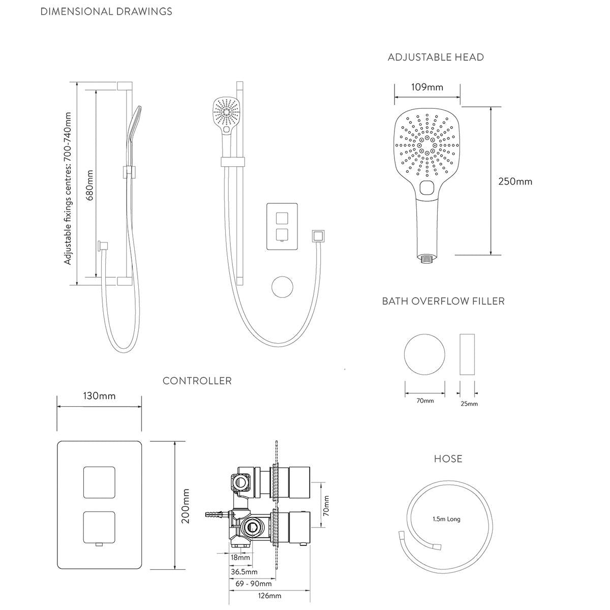 Aqualisa Dream Concealed Thermostatic Mixer Dual Outlet With Adj Kit & Bath Fill - Square - Technical drawing