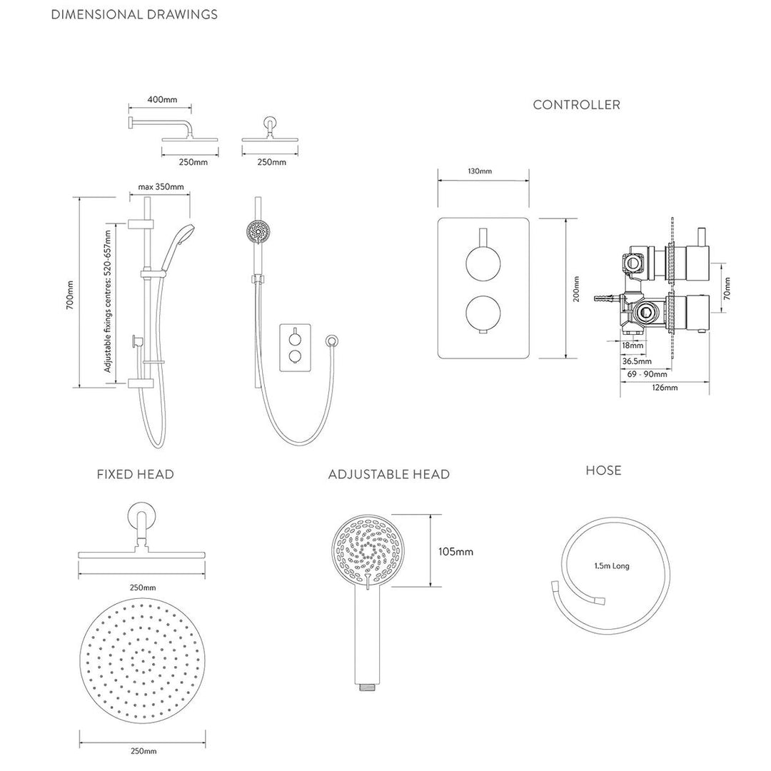 Aqualisa Dream Concealed Thermostatic Mixer Dual Outlet With Adj Kit &amp; Wall Fixed Head - Round