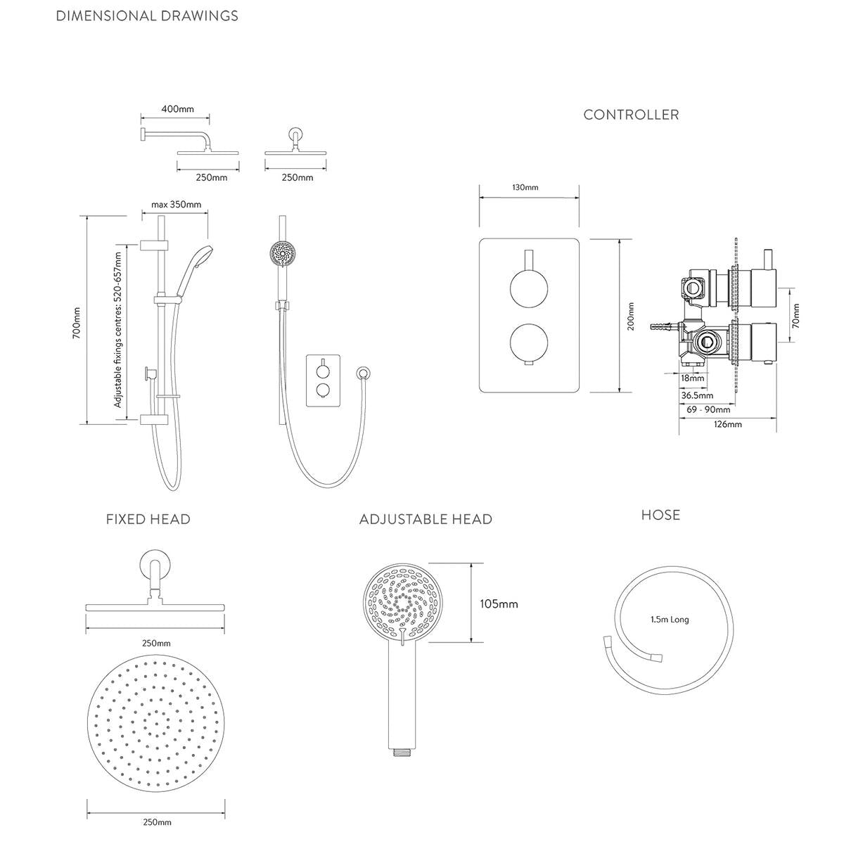 Aqualisa Dream Concealed Thermostatic Mixer Dual Outlet With Adj Kit & Wall Fixed Head - Round - Technical drawing