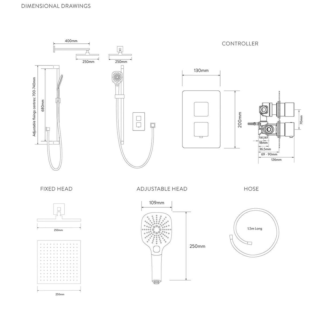 Aqualisa Dream Concealed Thermostatic Mixer Dual Outlet With Adj Kit &amp; Wall Fixed Head - Square