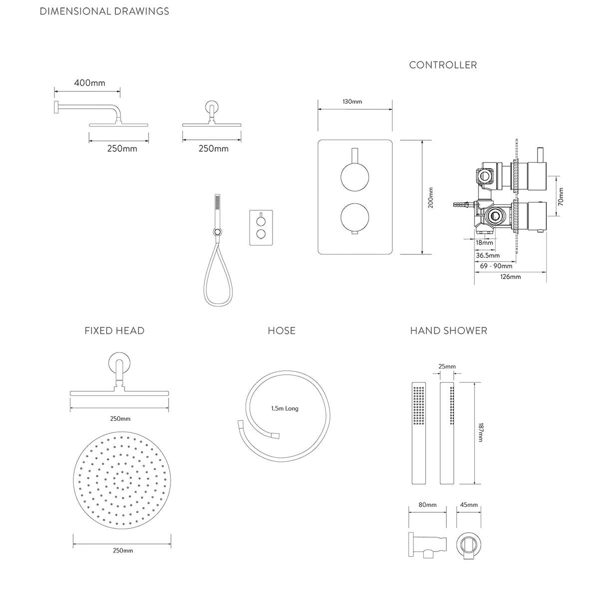 Aqualisa Dream Concealed Thermostatic Mixer Dual Outlet With Hand Shower & Wall Fixed Head - Round - Technical drawing