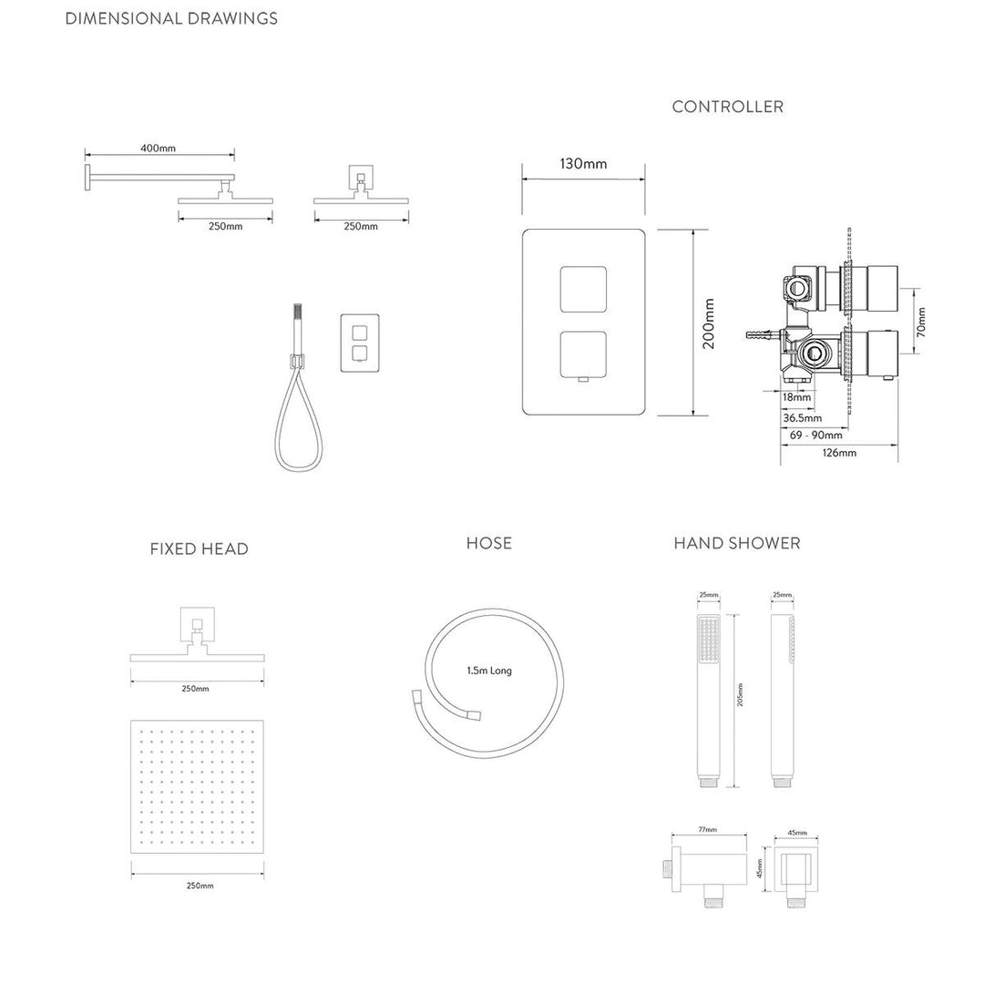 Aqualisa Dream Concealed Thermostatic Mixer Dual Outlet With Hand Shower &amp; Wall Fixed Head - Square