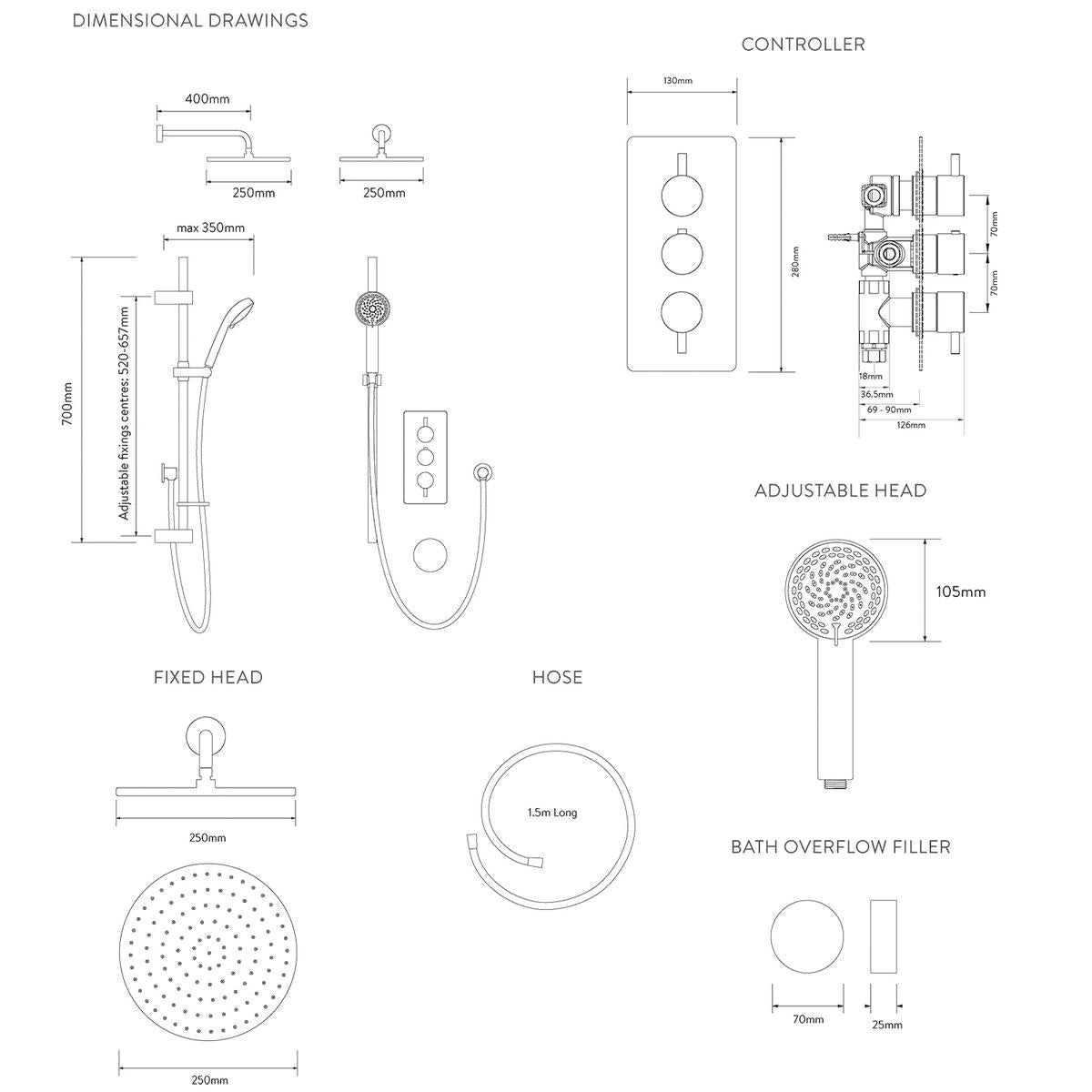 Aqualisa Dream Concealed Thermostatic Mixer Triple Outlet With Adj Kit, Wall Fixed Head & Bath Fill - Round - Technical drawing
