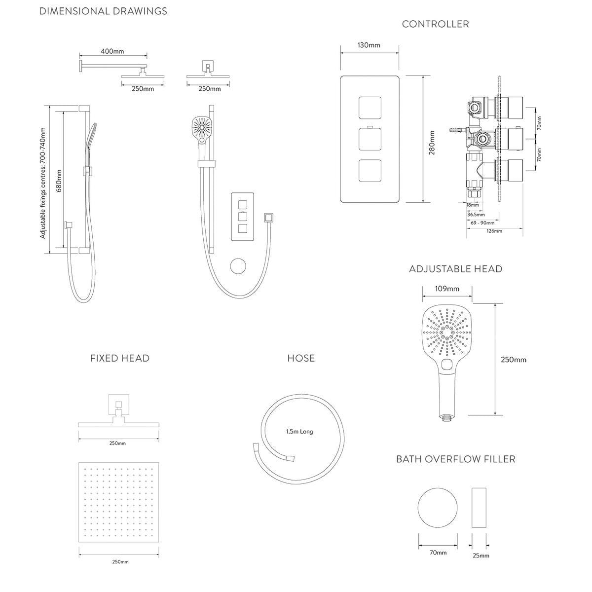Aqualisa Dream Concealed Thermostatic Mixer Triple Outlet With Adj Kit, Wall Fixed Head & Bath Fill - Square - Technical drawing