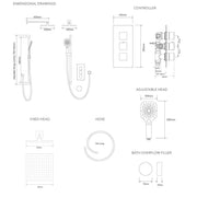 Aqualisa Dream Concealed Thermostatic Mixer Triple Outlet With Adj Kit, Wall Fixed Head & Bath Fill - Square - Technical drawing