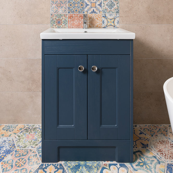 Trillick 600mm Floor Standing 2 Door Vanity Unit &amp; Basin - Blue Ash